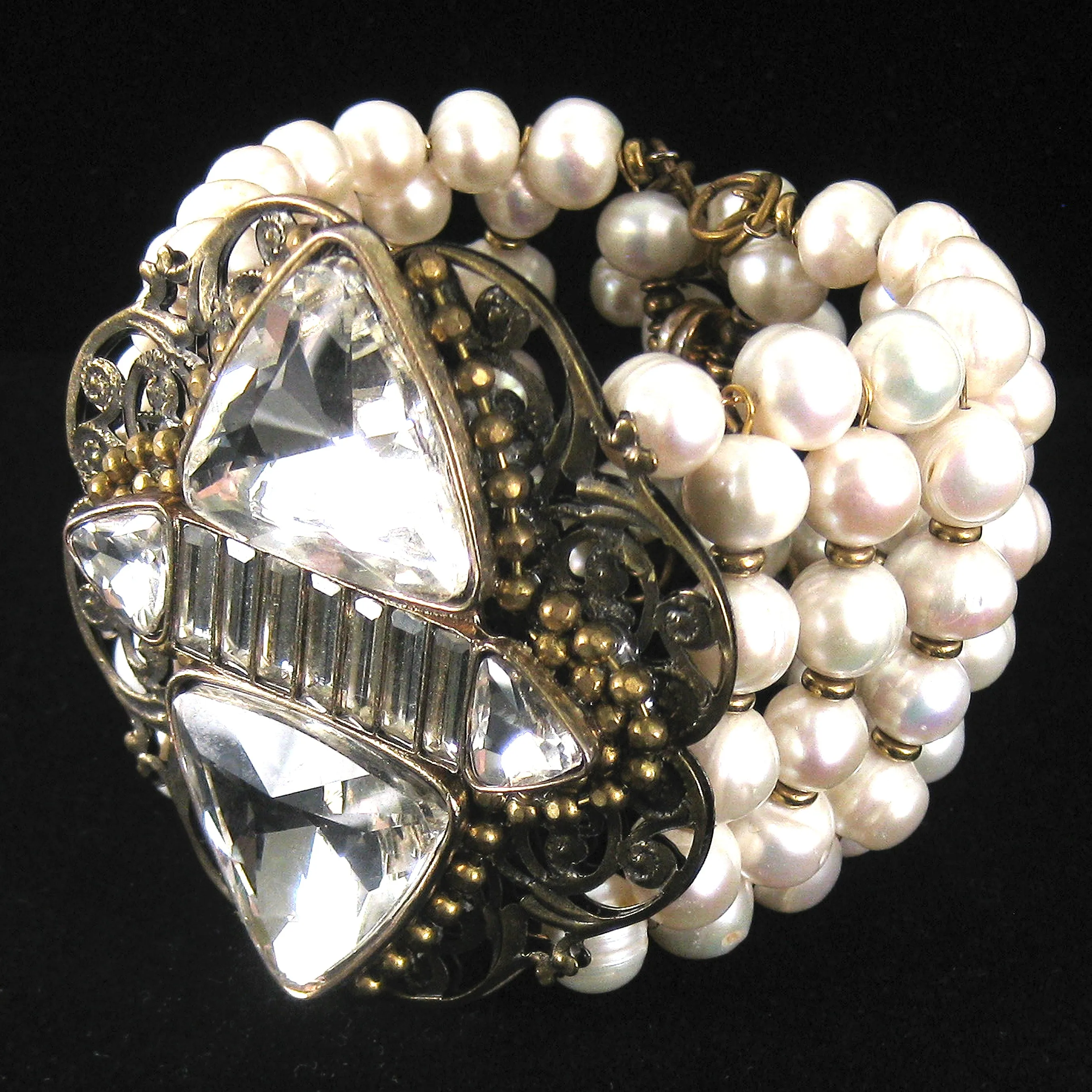 #1032b Old Gold Tone Filigree, Crystal Medallion & Freshwater Pearl Cuff Bracelet