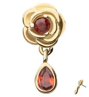 14kt Gold Rose Dangle Teardrop Red CZ Threadless Top