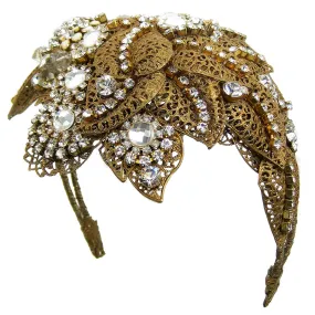 #907hp Old Gold Tone Filigree Leaf & Crystal Rhinestone Headpiece