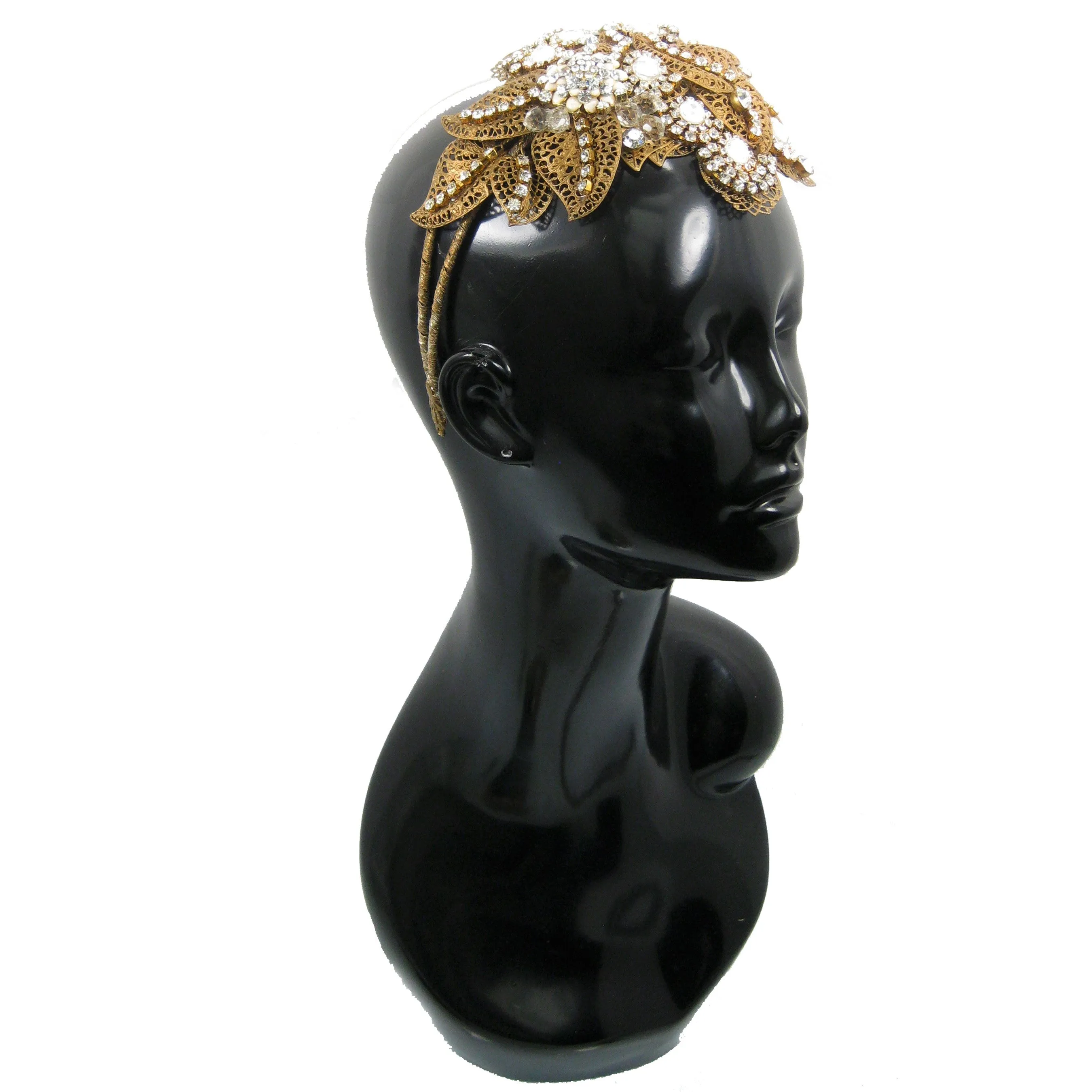 #907hp Old Gold Tone Filigree Leaf & Crystal Rhinestone Headpiece