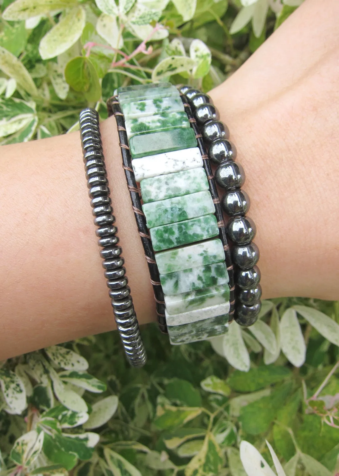 Abundance and Good Luck - Tree and Moss Agate Tubestone Cuff Bracelet