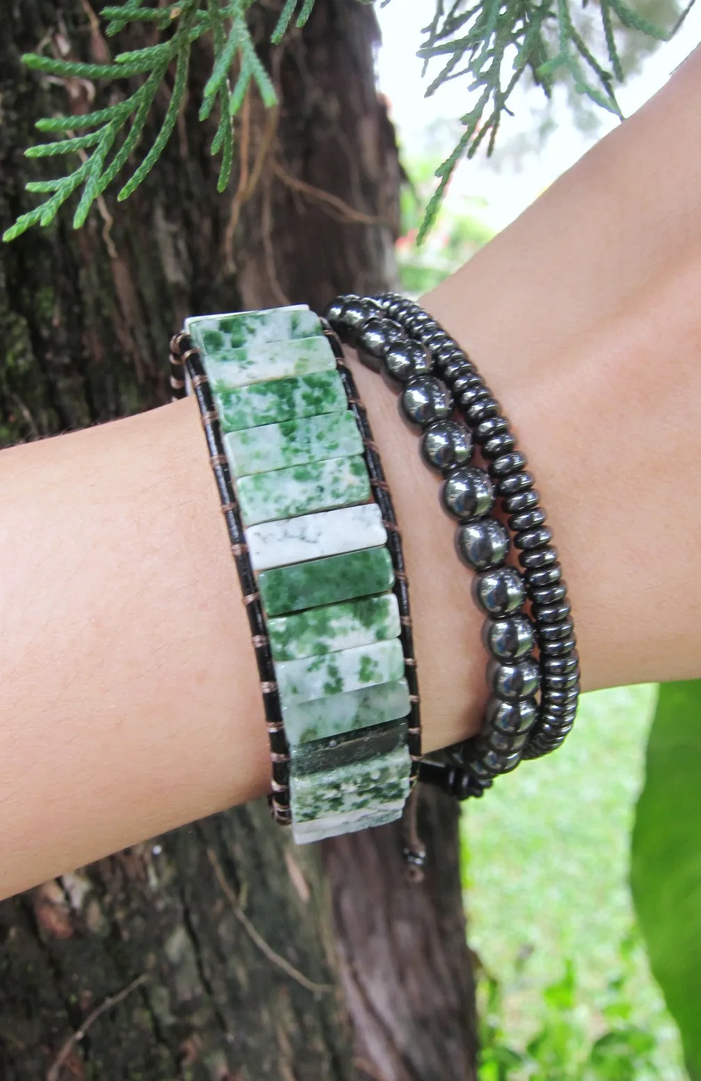 Abundance and Good Luck - Tree and Moss Agate Tubestone Cuff Bracelet