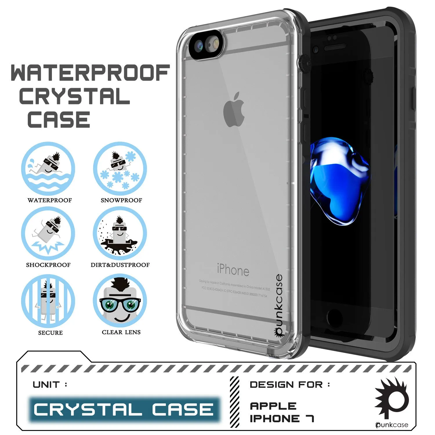 Apple iPhone 7 Waterproof Case, PUNKcase CRYSTAL Black W/ Attached Screen Protector  | Warranty