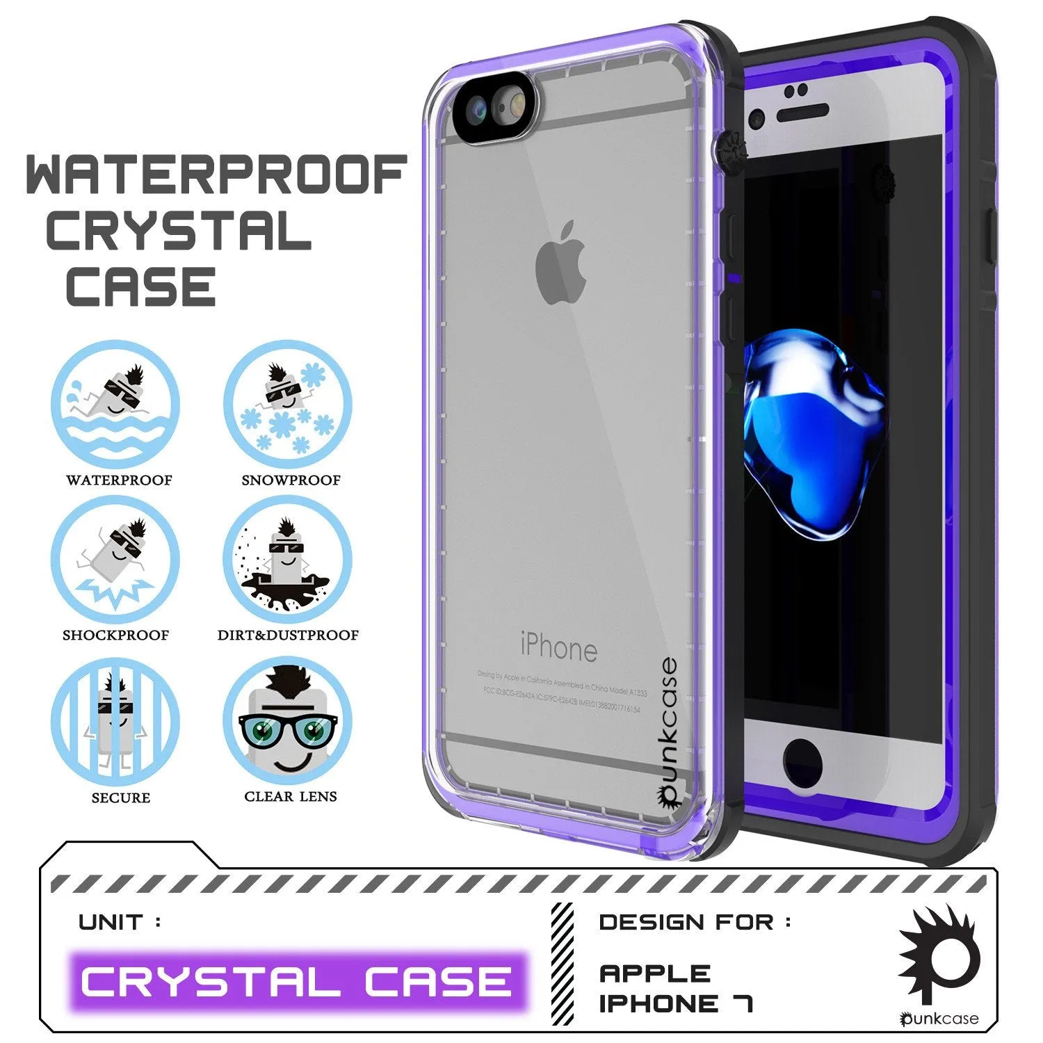 Apple iPhone 8 Waterproof Case, PUNKcase CRYSTAL Purple W/ Attached Screen Protector  | Warranty