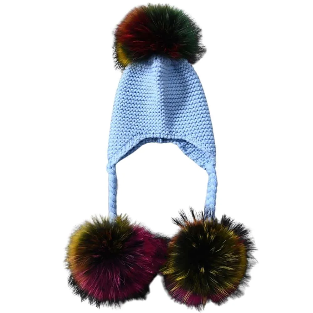 Baby Hat with Three Real Fur Pompoms