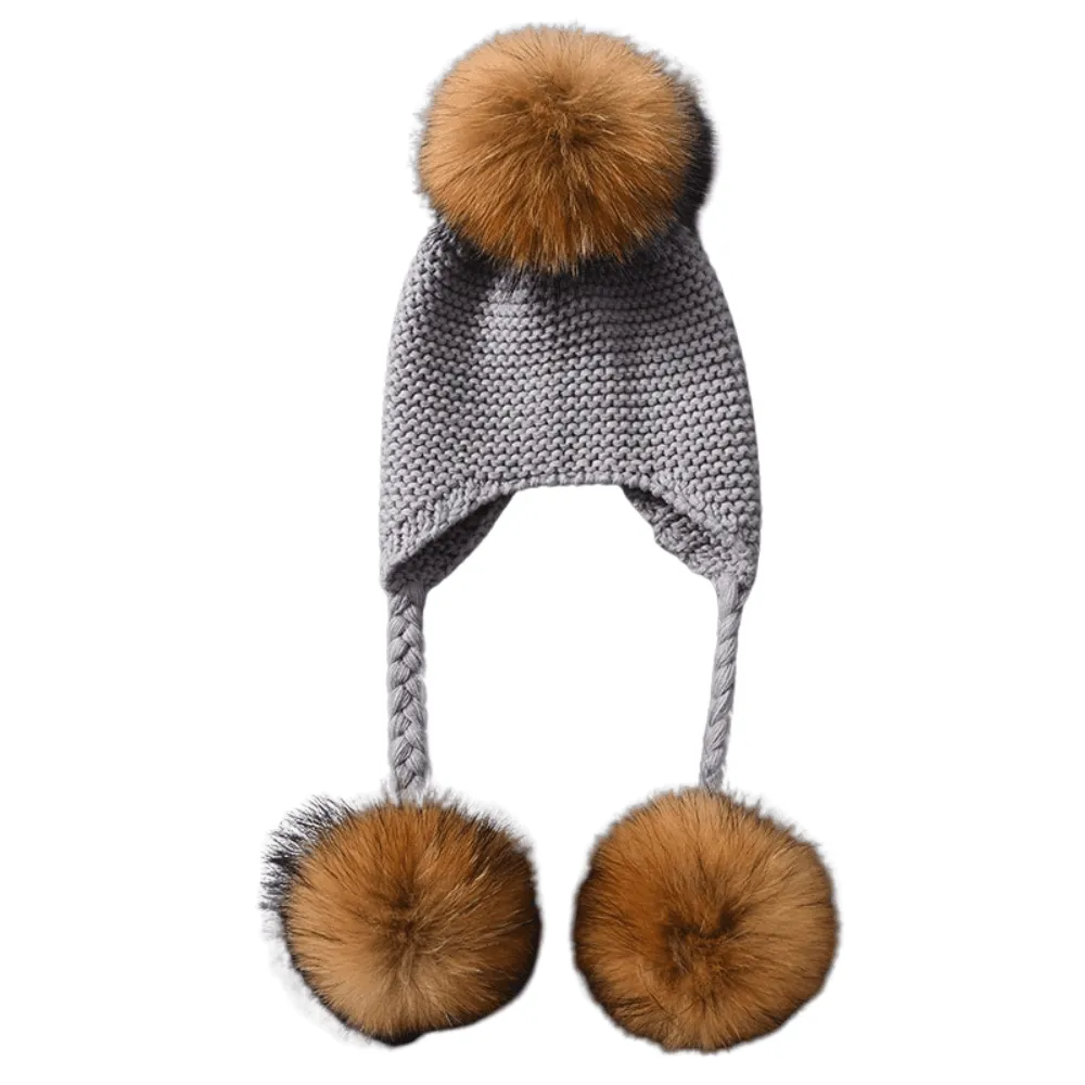 Baby Hat with Three Real Fur Pompoms