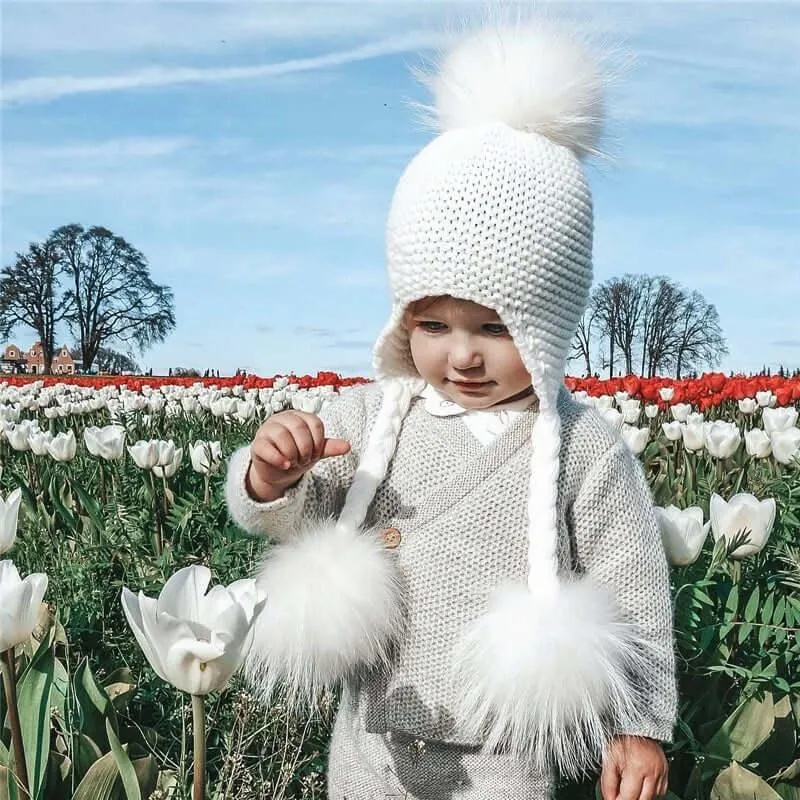 Baby Hat with Three Real Fur Pompoms