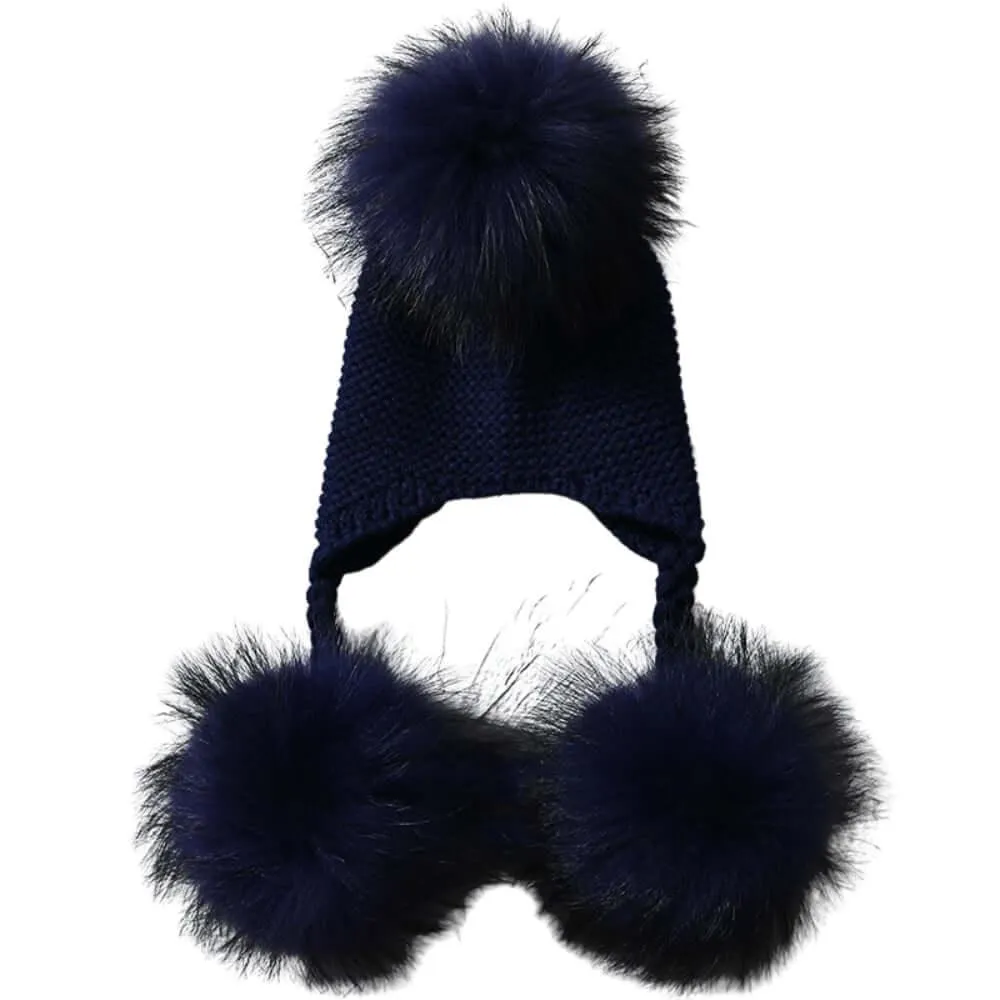 Baby Hat with Three Real Fur Pompoms