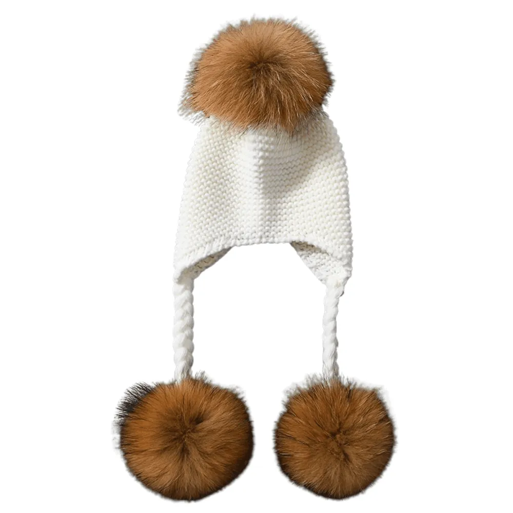 Baby Hat with Three Real Fur Pompoms