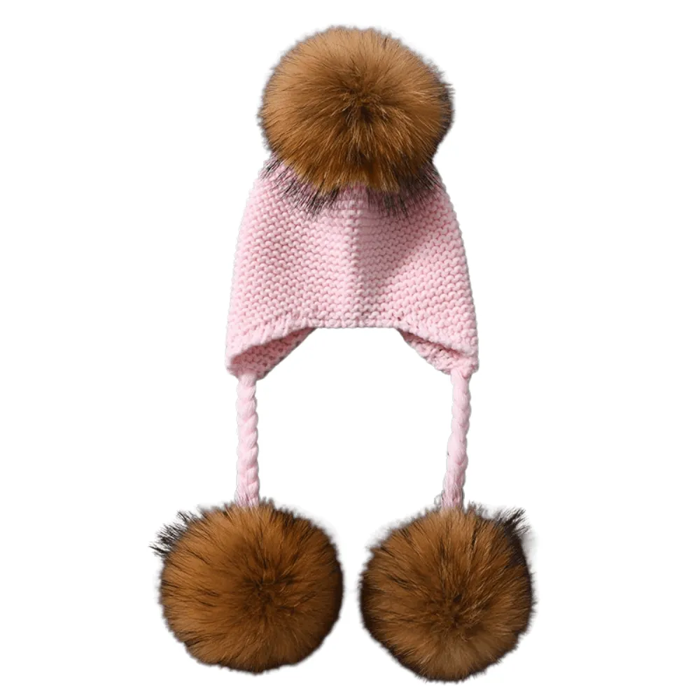 Baby Hat with Three Real Fur Pompoms