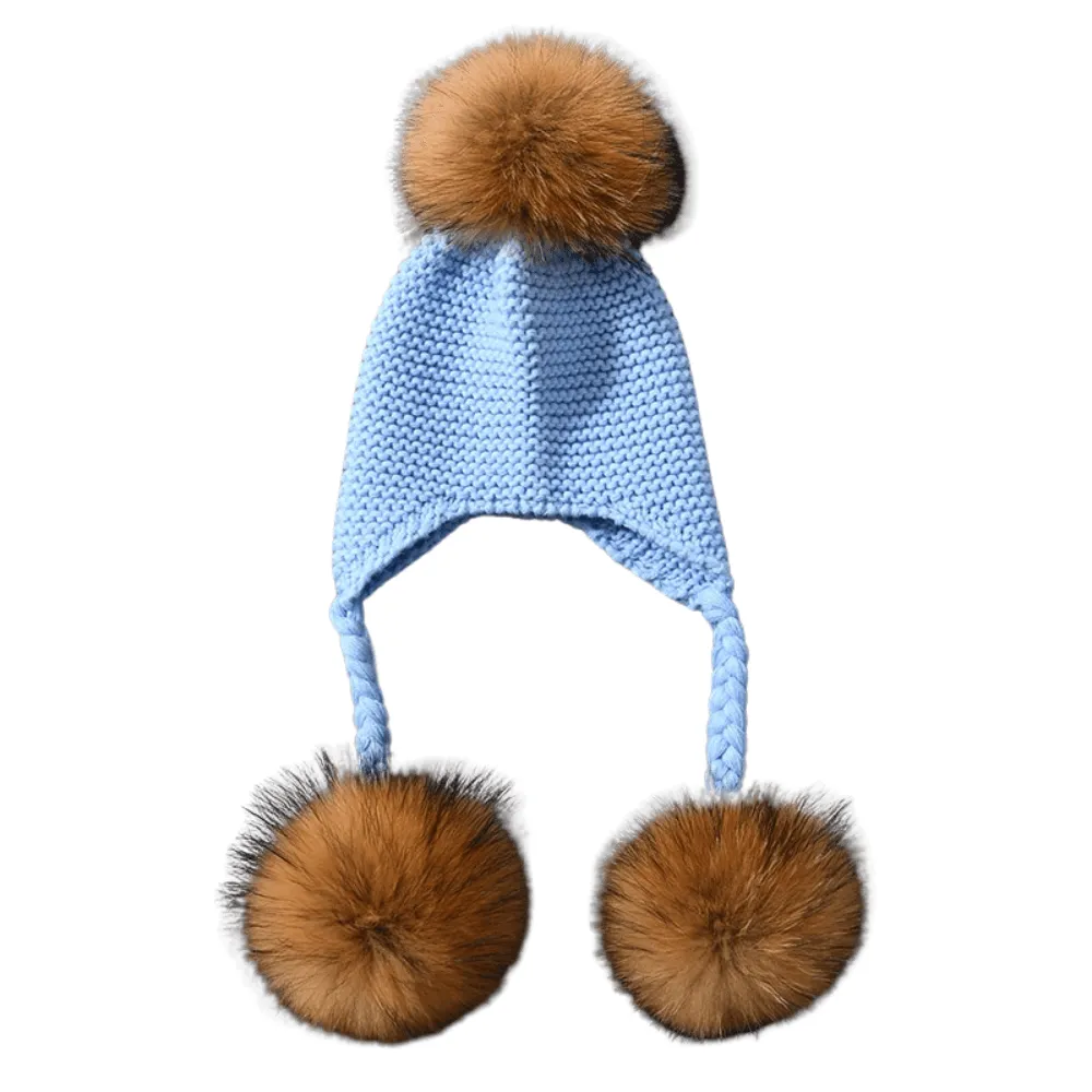 Baby Hat with Three Real Fur Pompoms