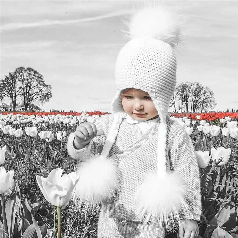 Baby Hat with Three Real Fur Pompoms