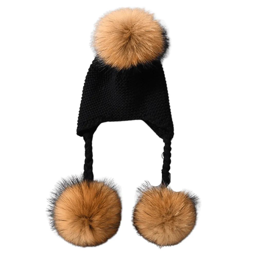 Baby Hat with Three Real Fur Pompoms