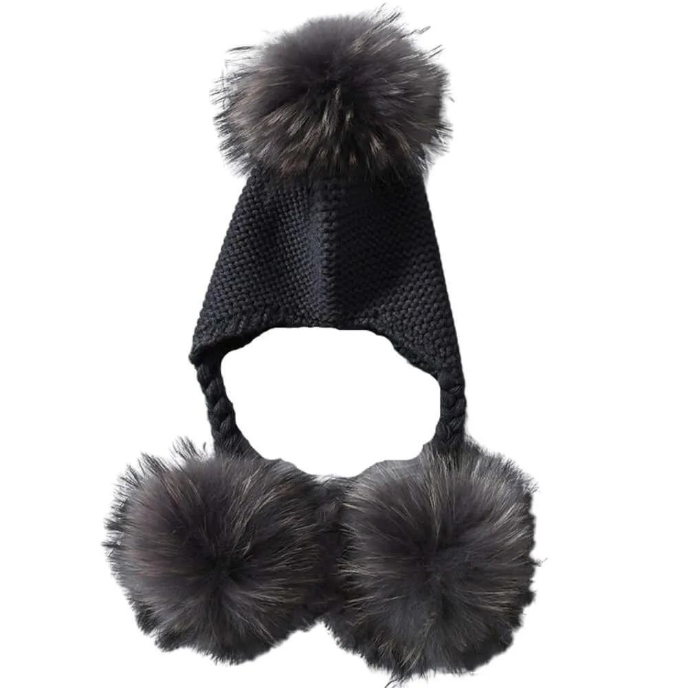 Baby Hat with Three Real Fur Pompoms