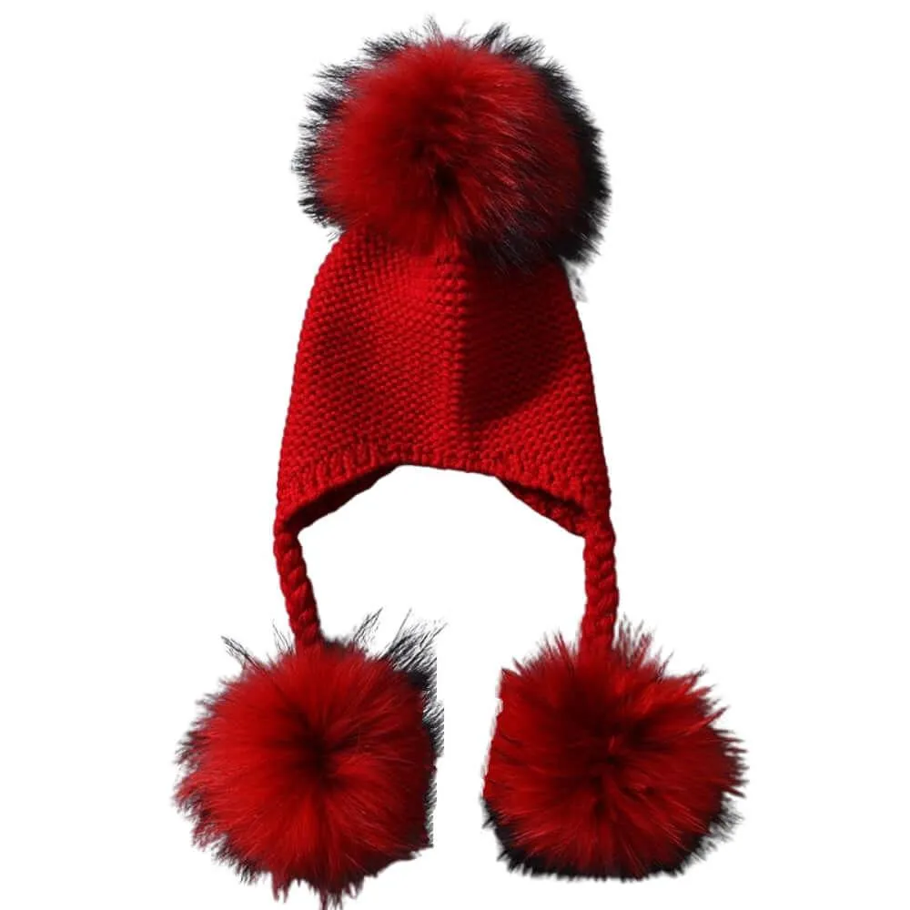 Baby Hat with Three Real Fur Pompoms