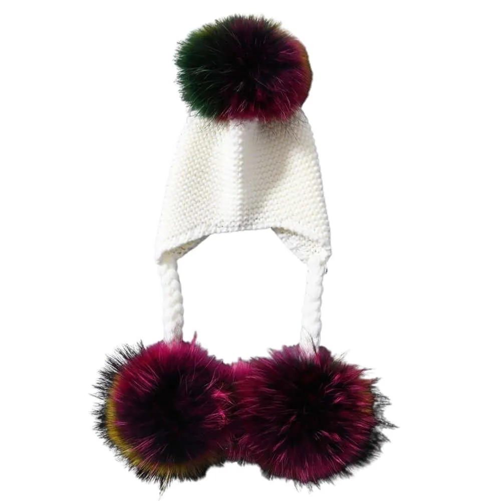 Baby Hat with Three Real Fur Pompoms