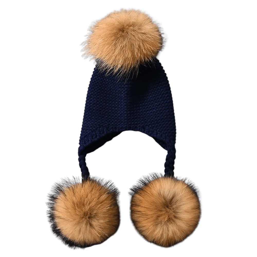 Baby Hat with Three Real Fur Pompoms