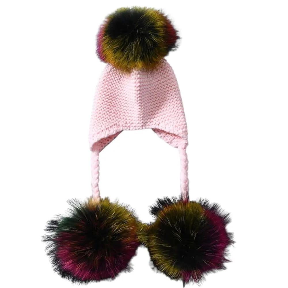 Baby Hat with Three Real Fur Pompoms