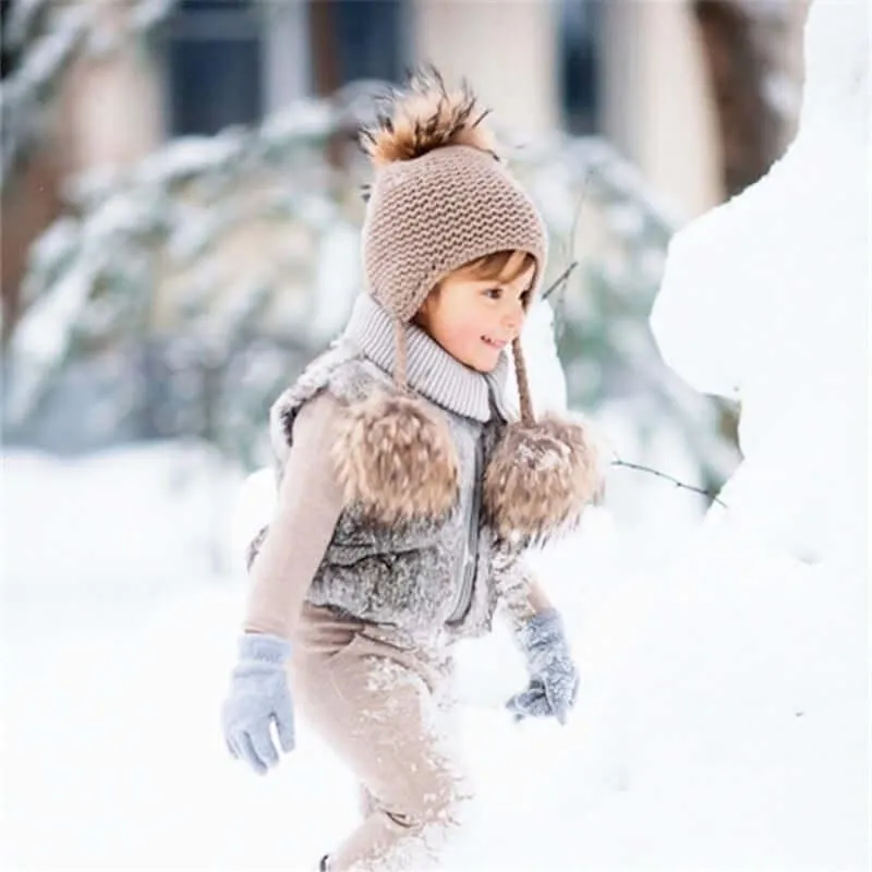 Baby Hat with Three Real Fur Pompoms