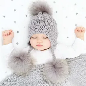 Baby Hat with Three Real Fur Pompoms