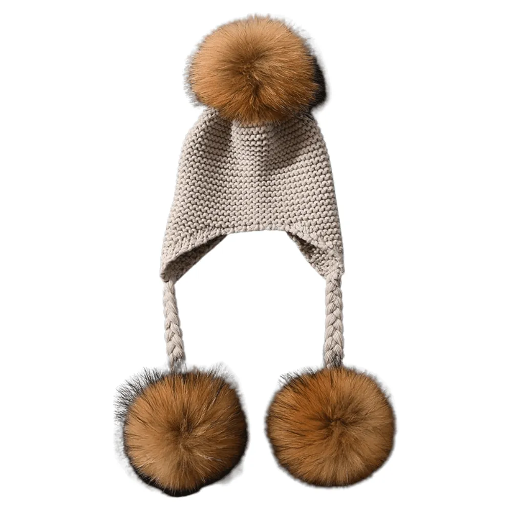 Baby Hat with Three Real Fur Pompoms