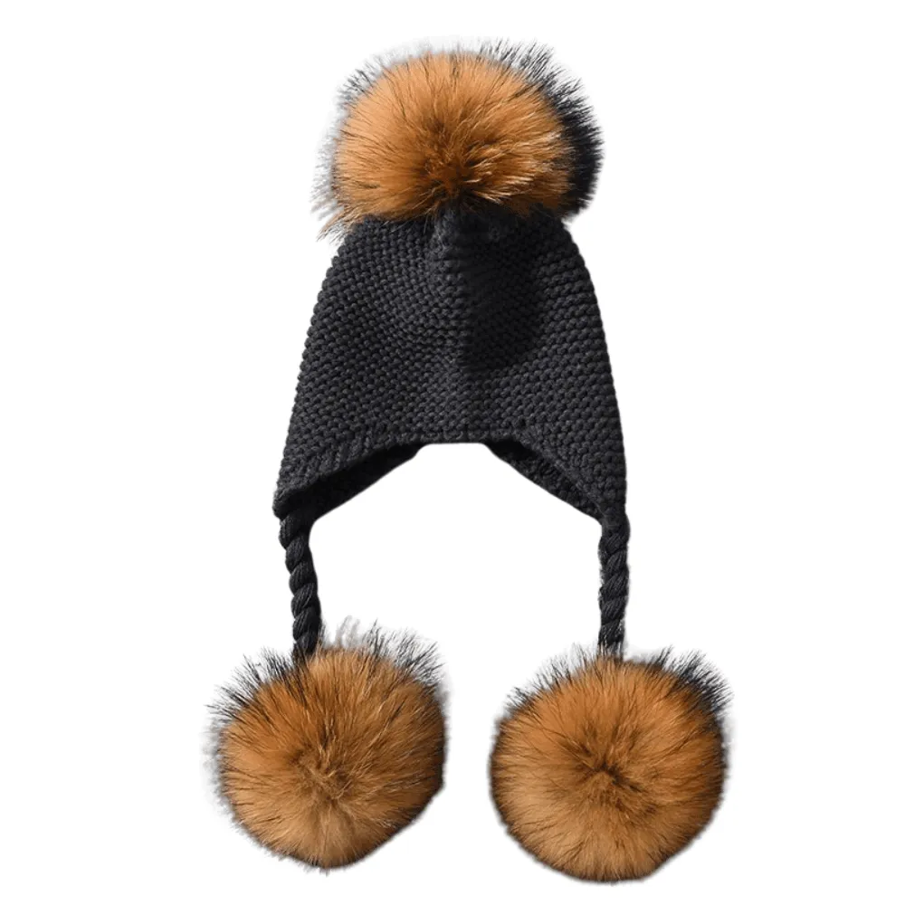 Baby Hat with Three Real Fur Pompoms