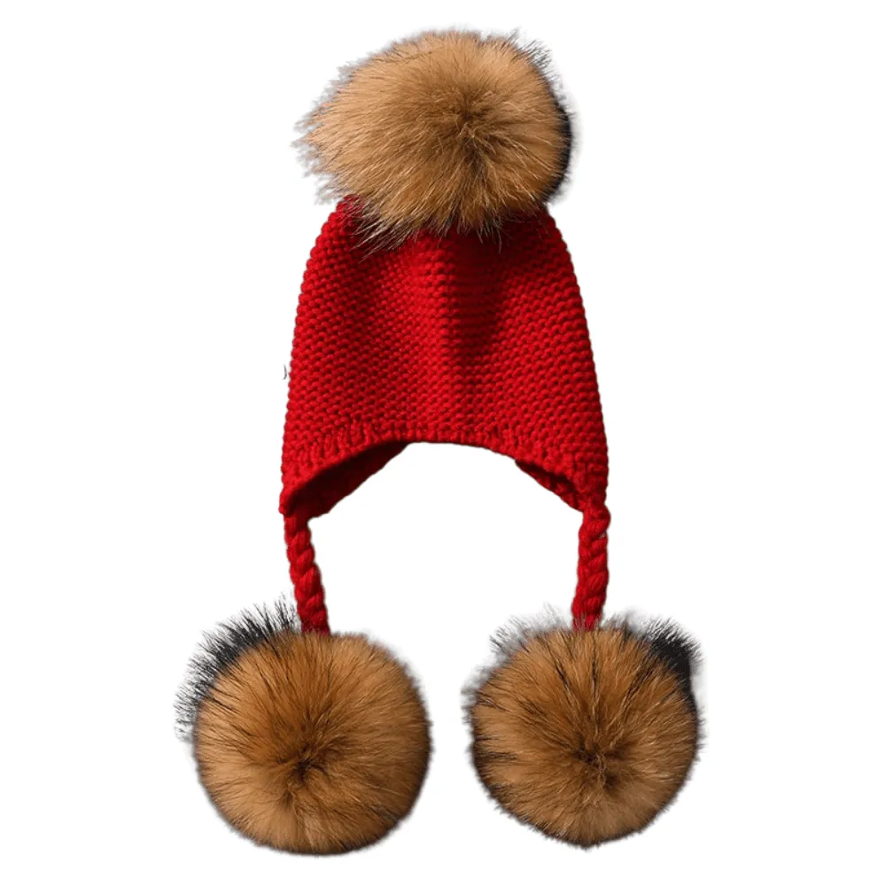 Baby Hat with Three Real Fur Pompoms