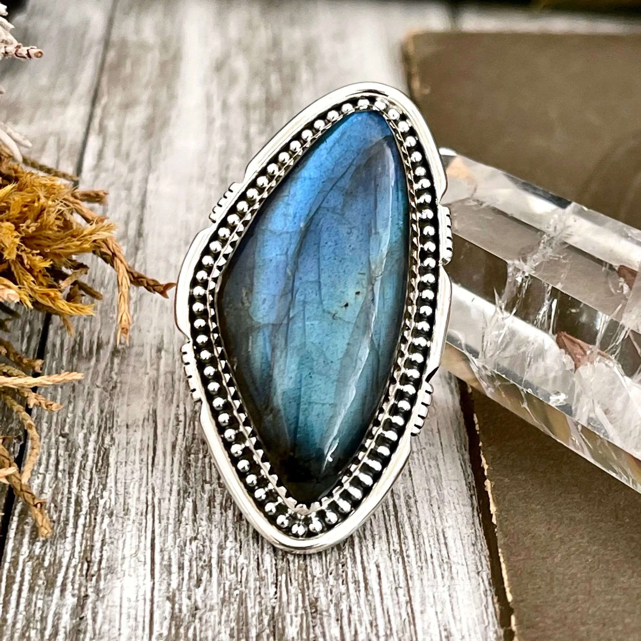 Big Labradorite Crystal Statement Ring in Sterling Silver - Designed by FOXLARK Collection Adjusts to size 6,7,8,9, or 10 | Blue Stone