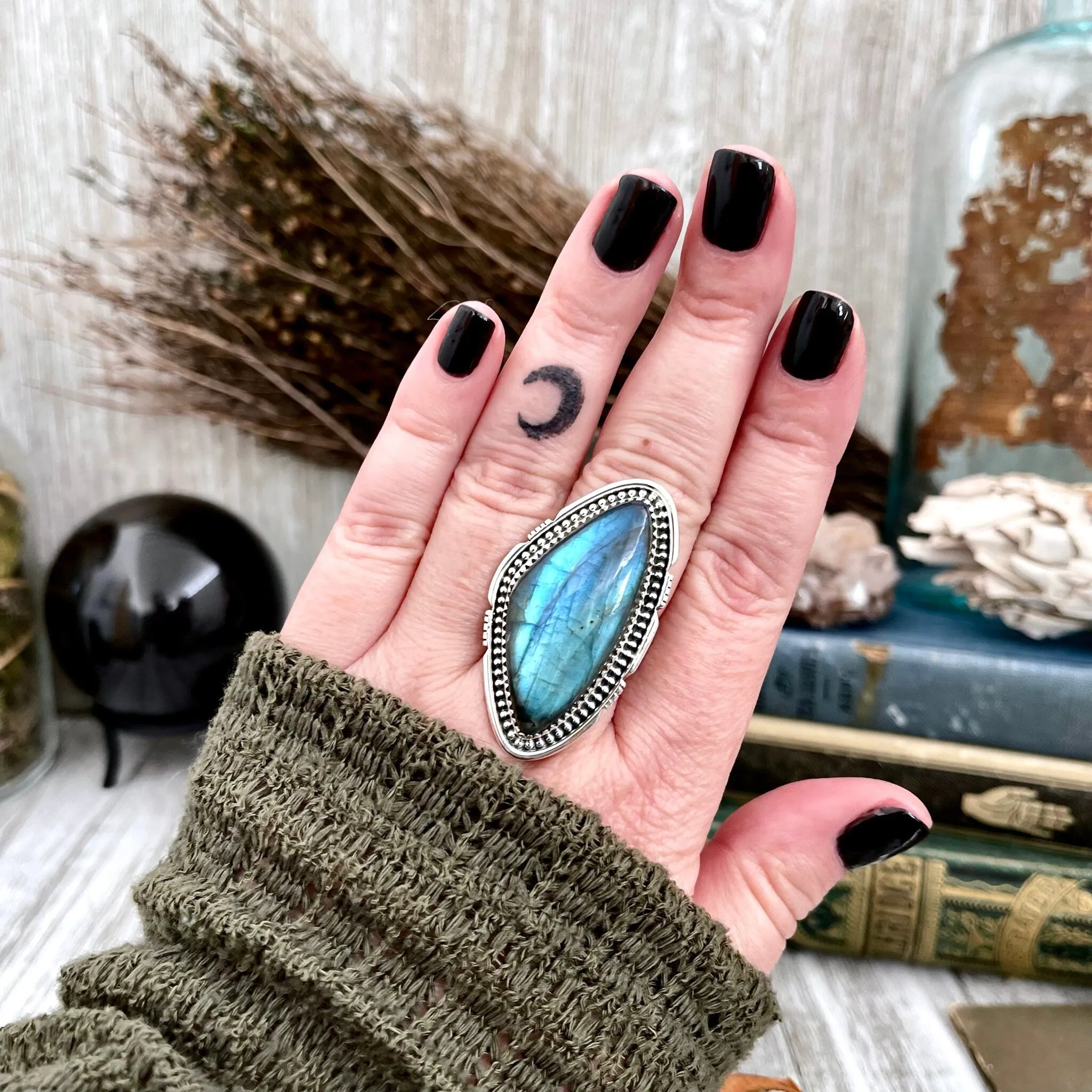 Big Labradorite Crystal Statement Ring in Sterling Silver - Designed by FOXLARK Collection Adjusts to size 6,7,8,9, or 10 | Blue Stone