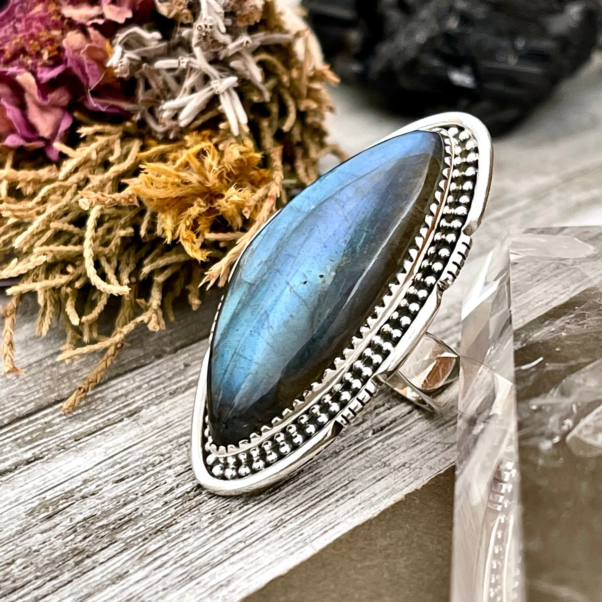 Big Labradorite Crystal Statement Ring in Sterling Silver - Designed by FOXLARK Collection Adjusts to size 6,7,8,9, or 10 | Blue Stone