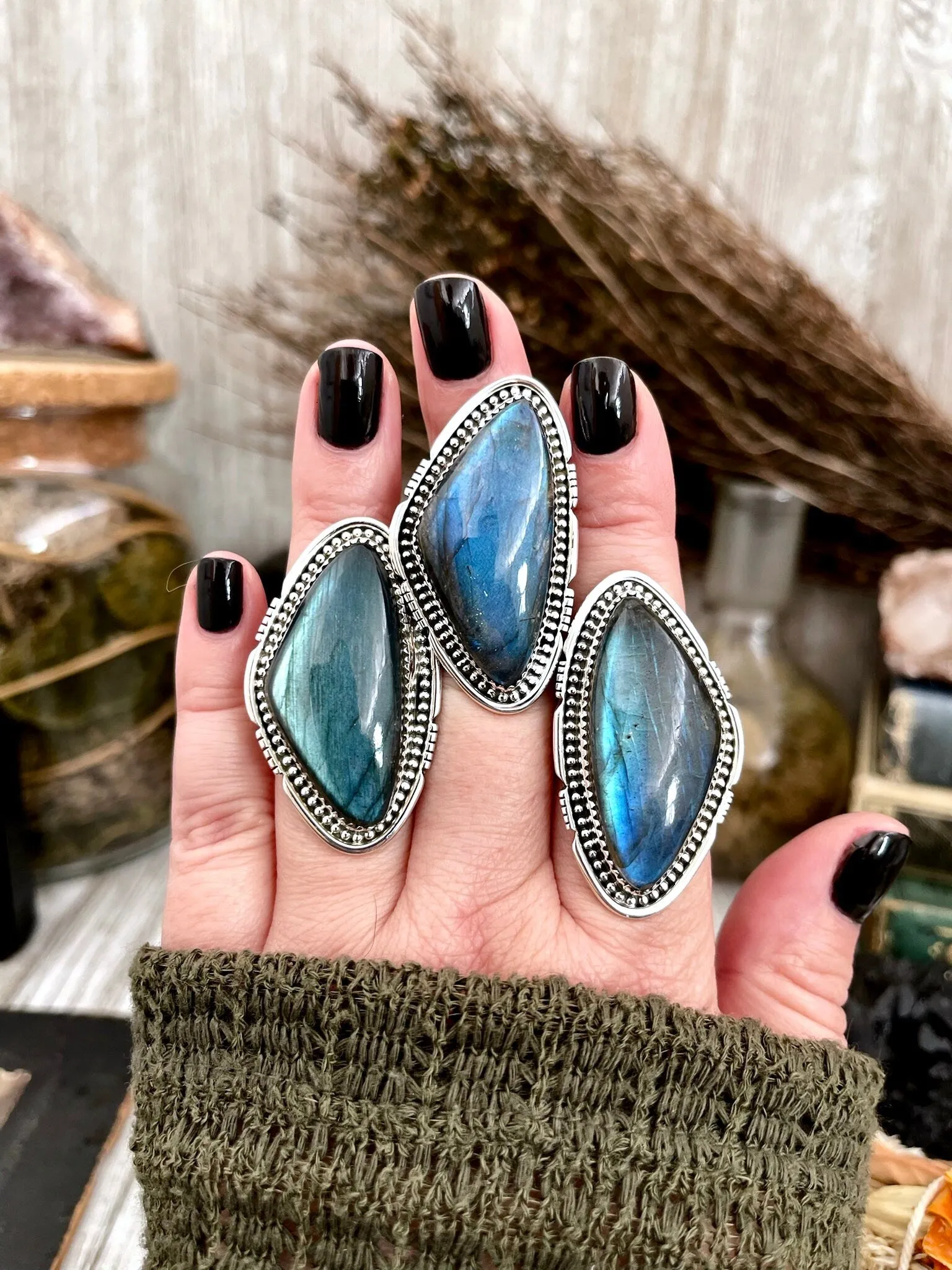 Big Labradorite Crystal Statement Ring in Sterling Silver - Designed by FOXLARK Collection Adjusts to size 6,7,8,9, or 10 | Blue Stone