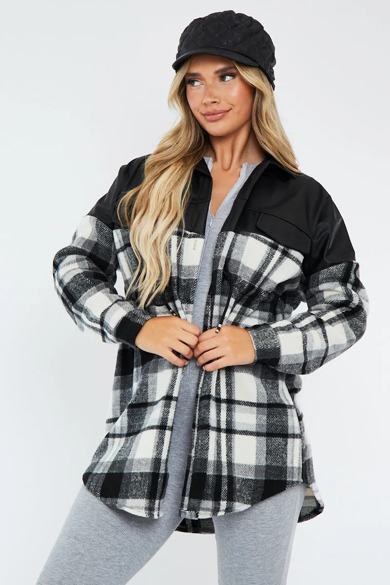 Black Checked Leather Contrast Pocket Front Shacket - Ciana