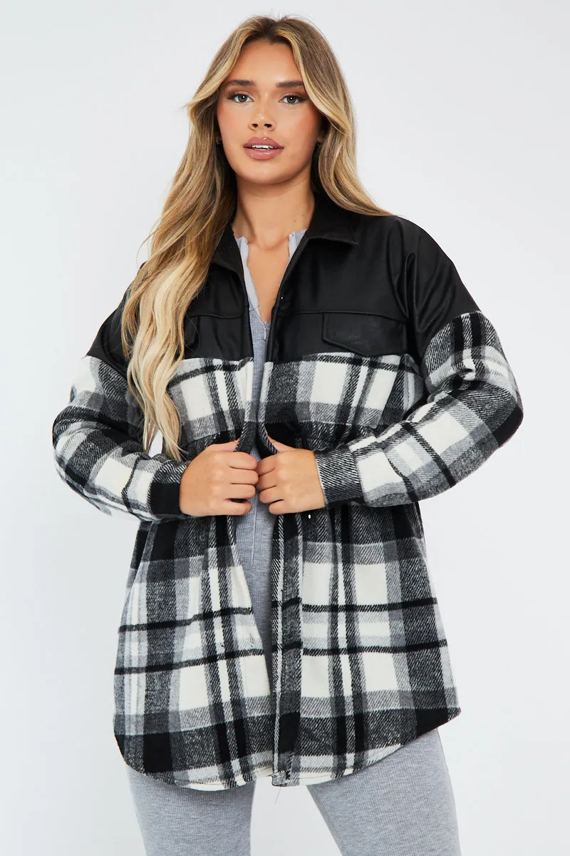 Black Checked Leather Contrast Pocket Front Shacket - Ciana