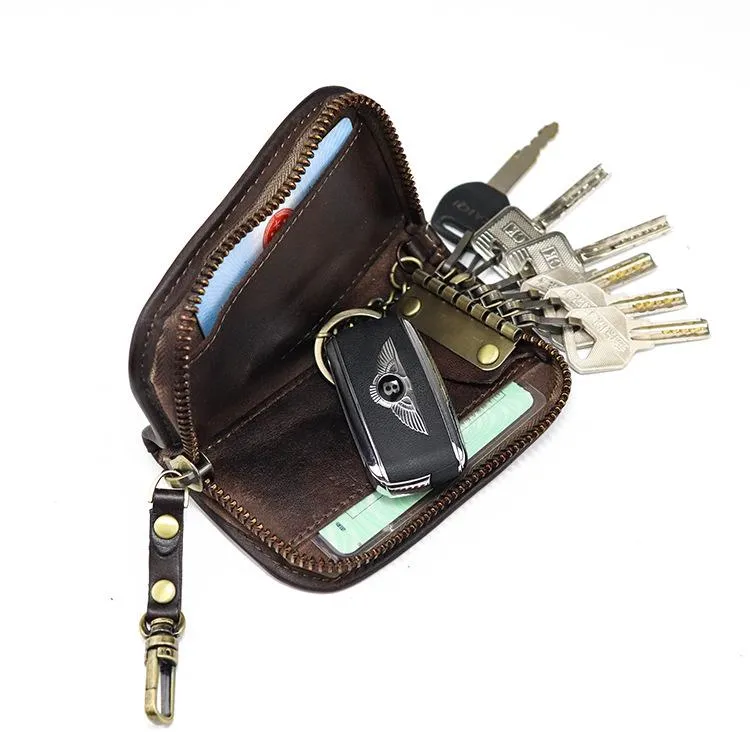 Black Leather Men's Key Holders Wallet Car Keys Wallet Brown Zipper Key Wallets For Men