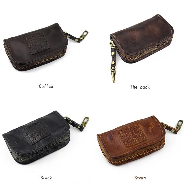 Black Leather Men's Key Holders Wallet Car Keys Wallet Brown Zipper Key Wallets For Men