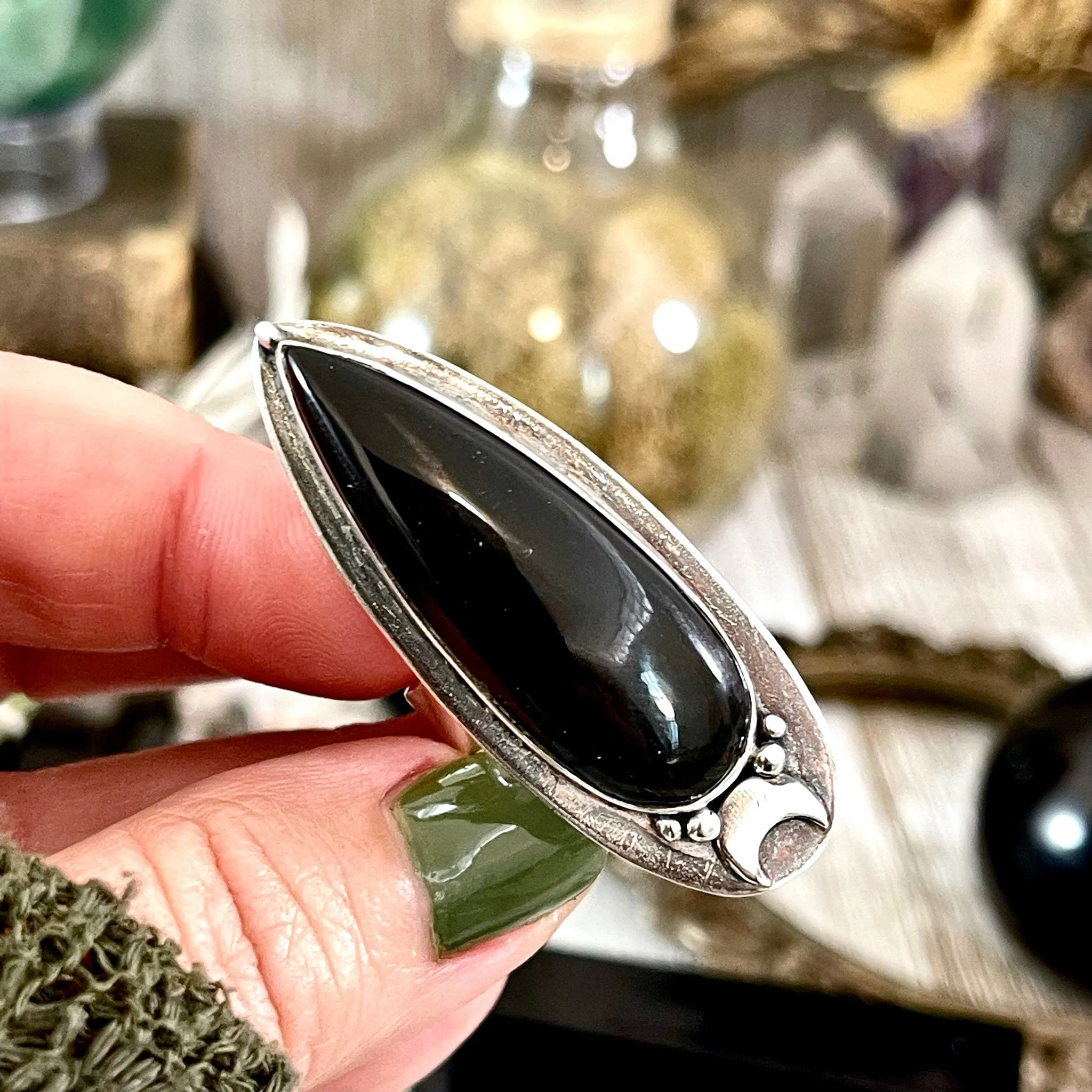 Black Onyx Ring in Sterling Silver, Magic Moon Ring/  Designed by FOXLARK Collection Adjustable to Size 6 7 8 9 10