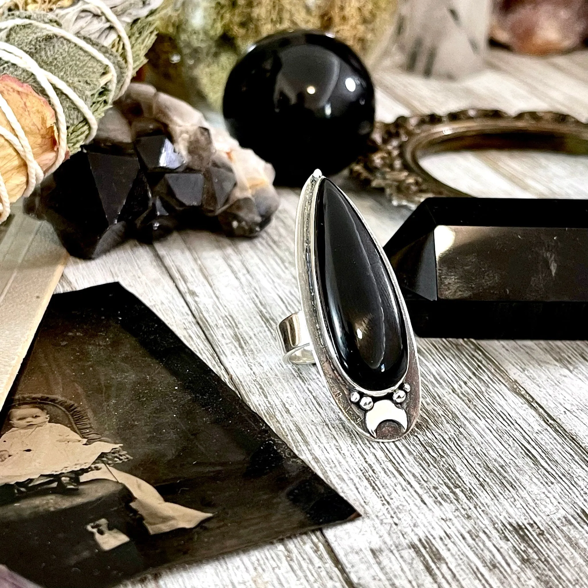 Black Onyx Ring in Sterling Silver, Magic Moon Ring/  Designed by FOXLARK Collection Adjustable to Size 6 7 8 9 10