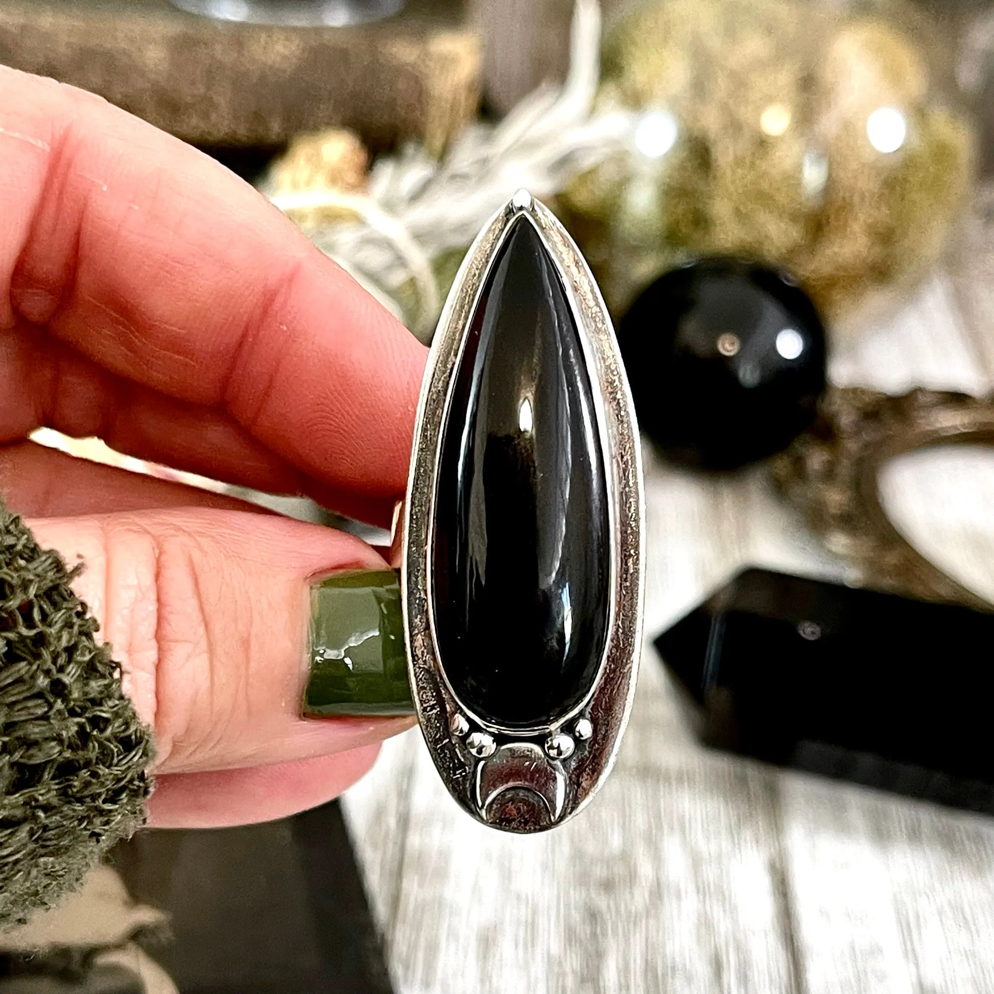 Black Onyx Ring in Sterling Silver, Magic Moon Ring/  Designed by FOXLARK Collection Adjustable to Size 6 7 8 9 10