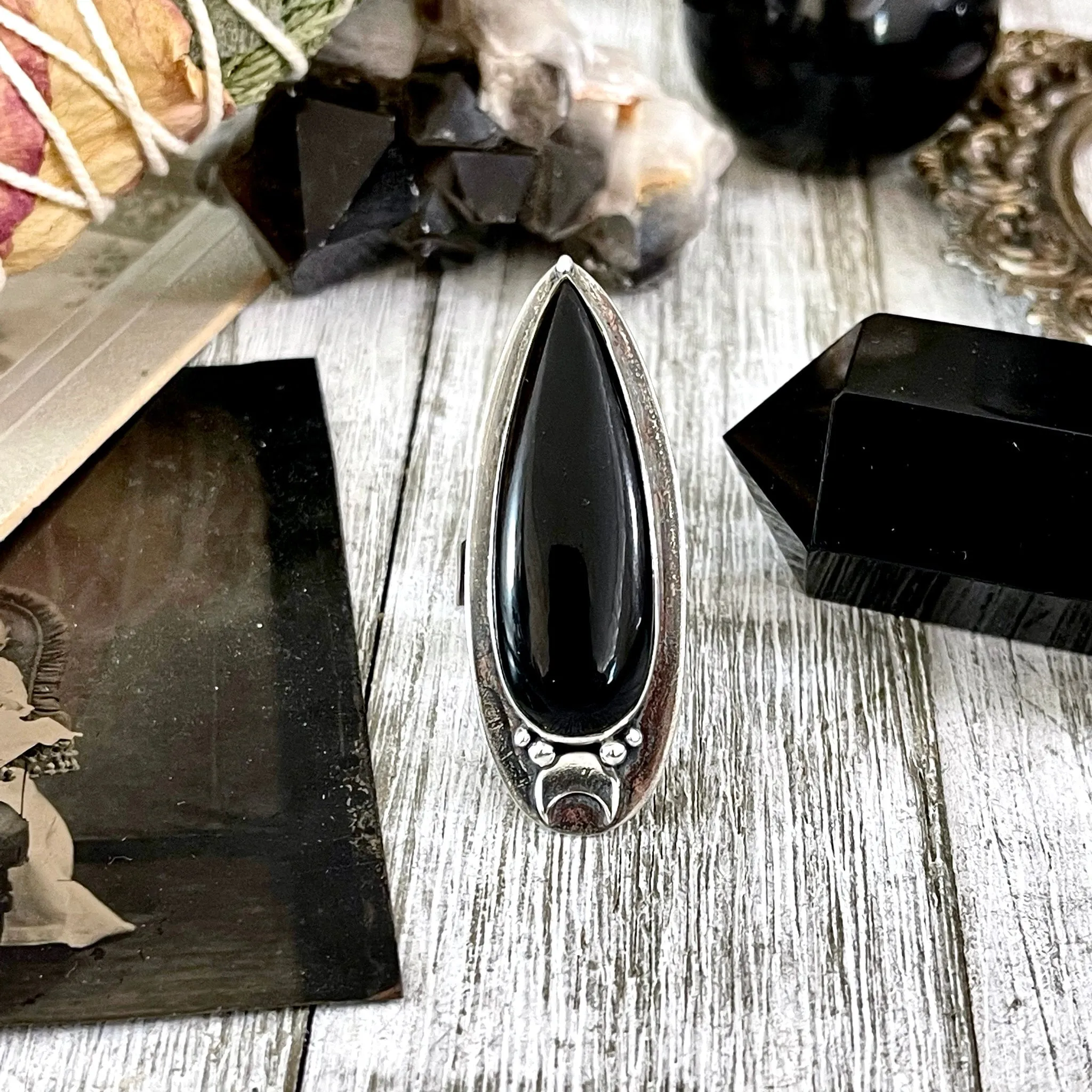 Black Onyx Ring in Sterling Silver, Magic Moon Ring/  Designed by FOXLARK Collection Adjustable to Size 6 7 8 9 10