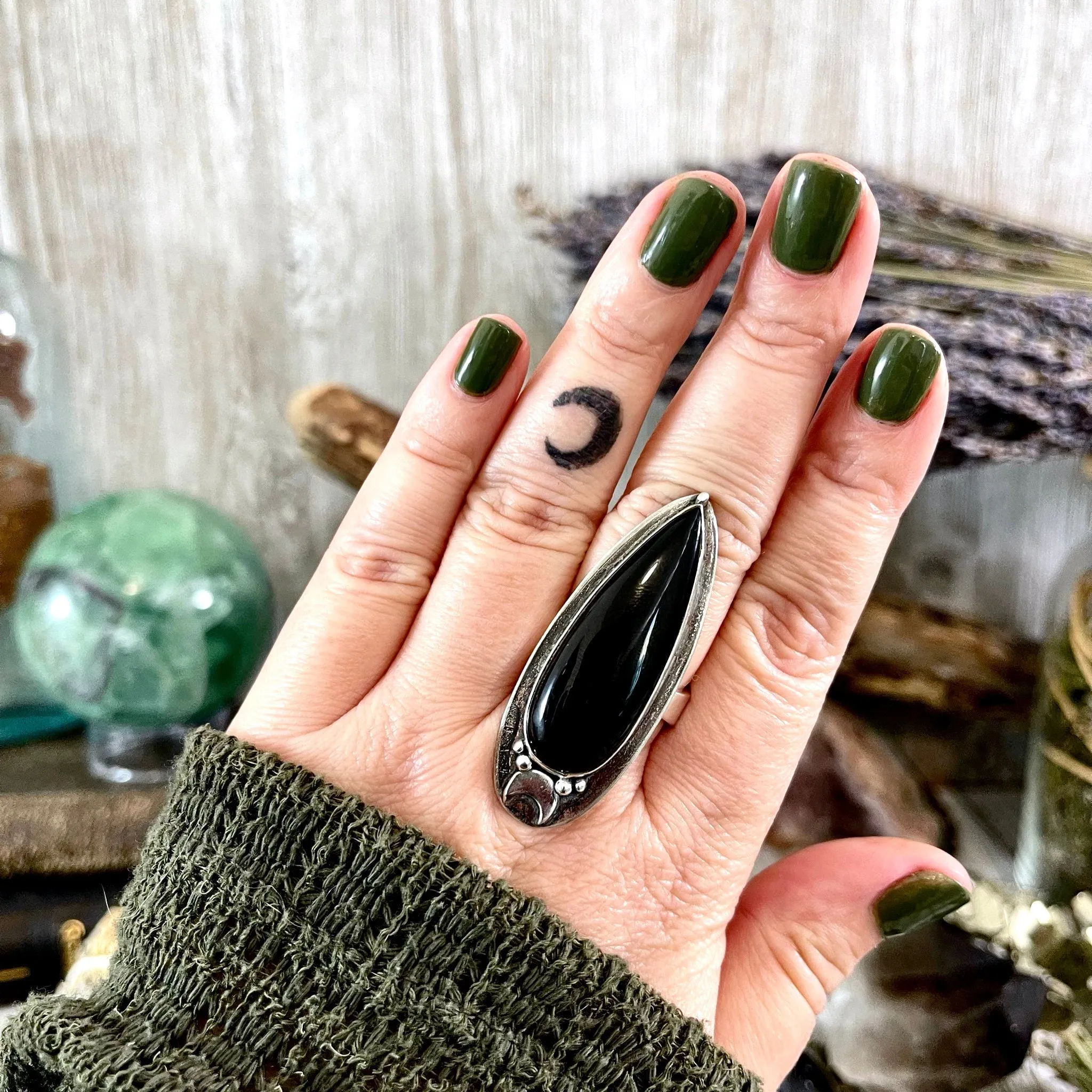 Black Onyx Ring in Sterling Silver, Magic Moon Ring/  Designed by FOXLARK Collection Adjustable to Size 6 7 8 9 10