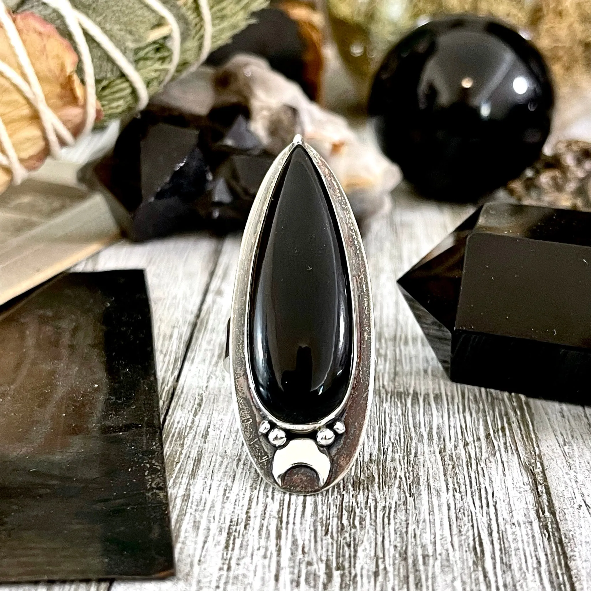 Black Onyx Ring in Sterling Silver, Magic Moon Ring/  Designed by FOXLARK Collection Adjustable to Size 6 7 8 9 10