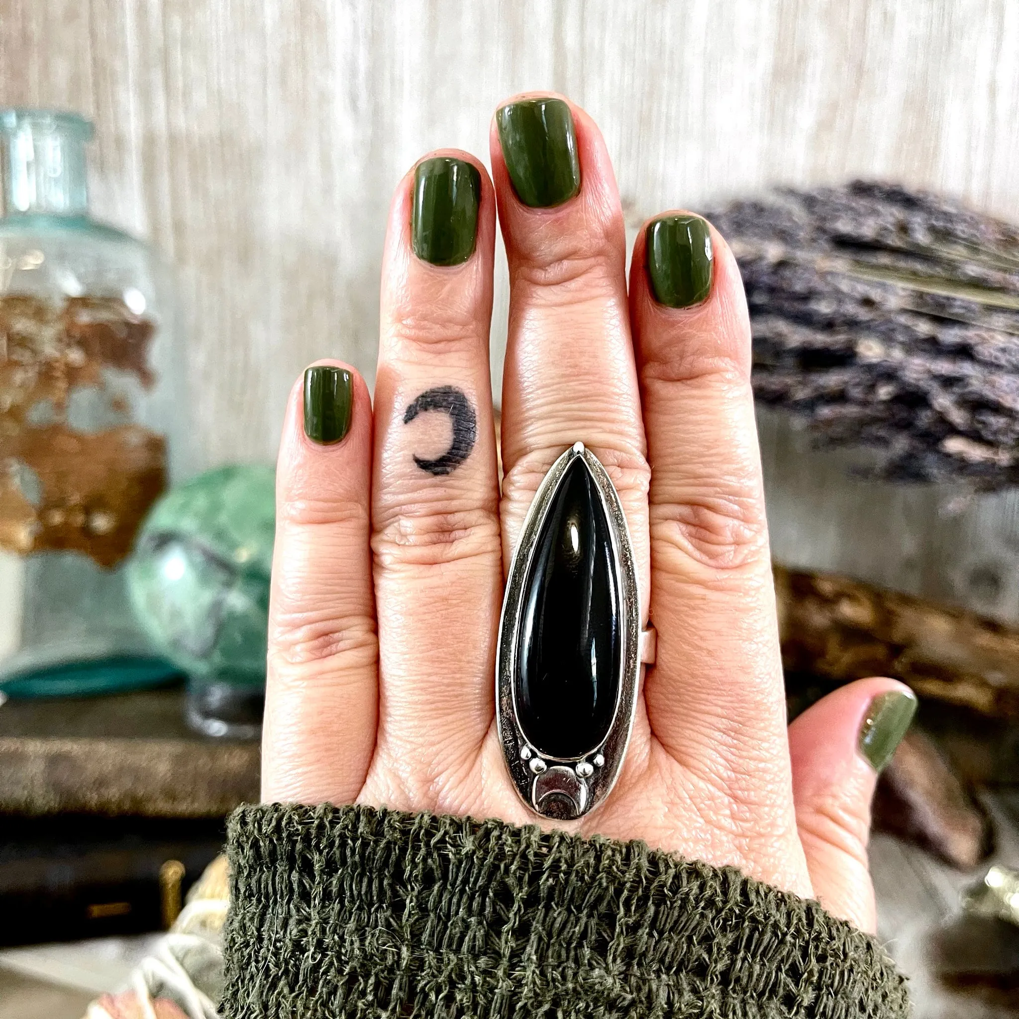 Black Onyx Ring in Sterling Silver, Magic Moon Ring/  Designed by FOXLARK Collection Adjustable to Size 6 7 8 9 10