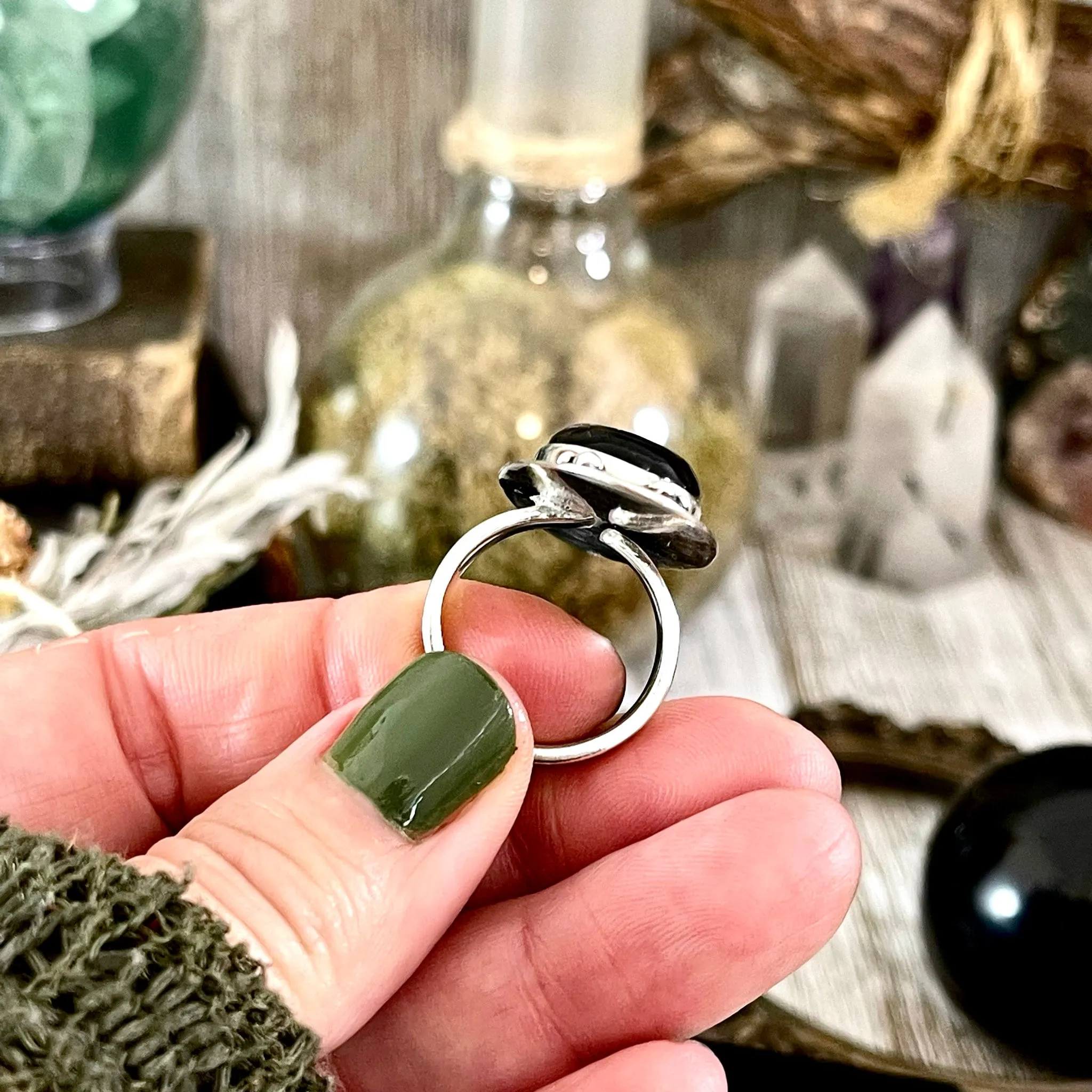 Black Onyx Ring in Sterling Silver, Magic Moon Ring/  Designed by FOXLARK Collection Adjustable to Size 6 7 8 9 10