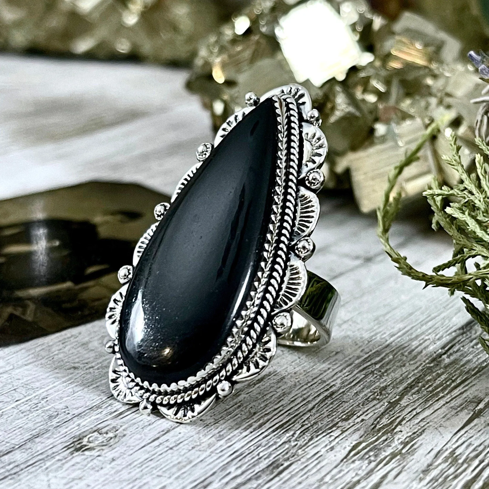 Black Onyx Teardrop Crystal Statement Ring in Sterling Silver- Designed by FOXLARK Collection Adjusts to size 6,7,8,9, or 10