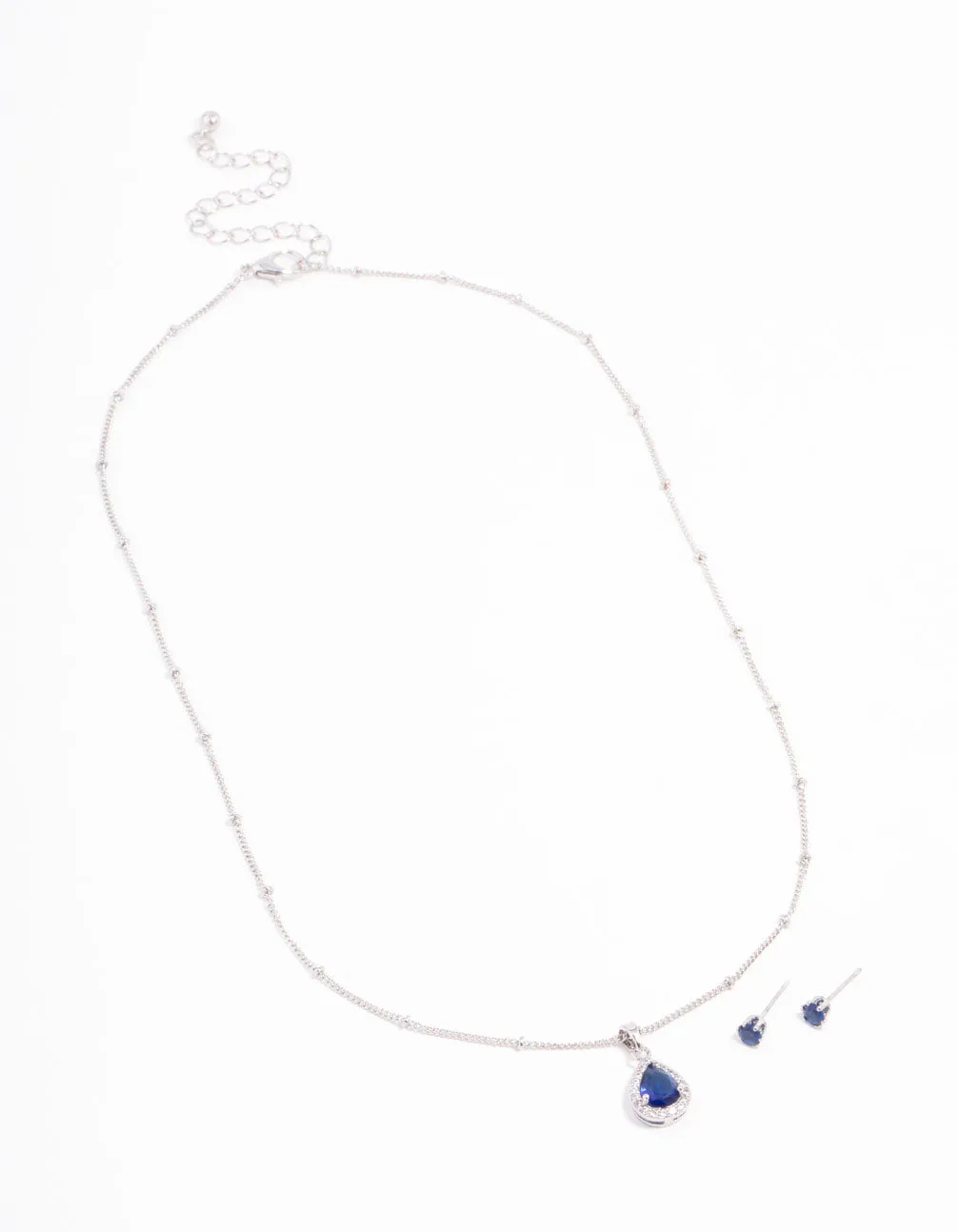 Blue Cubic Zirconia Rhodium Necklace & Stud Earrings Set