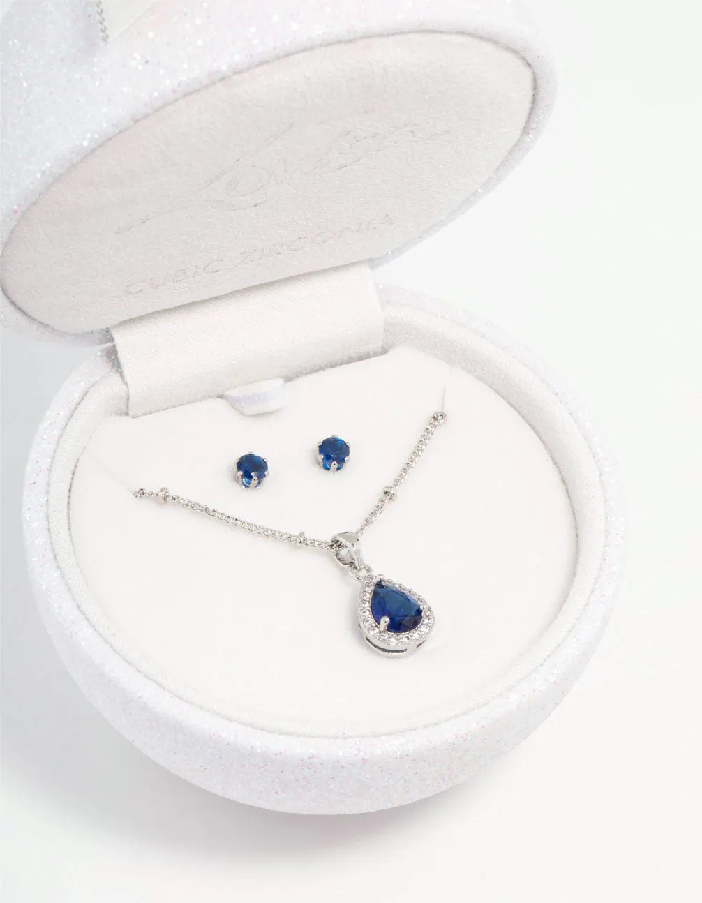 Blue Cubic Zirconia Rhodium Necklace & Stud Earrings Set