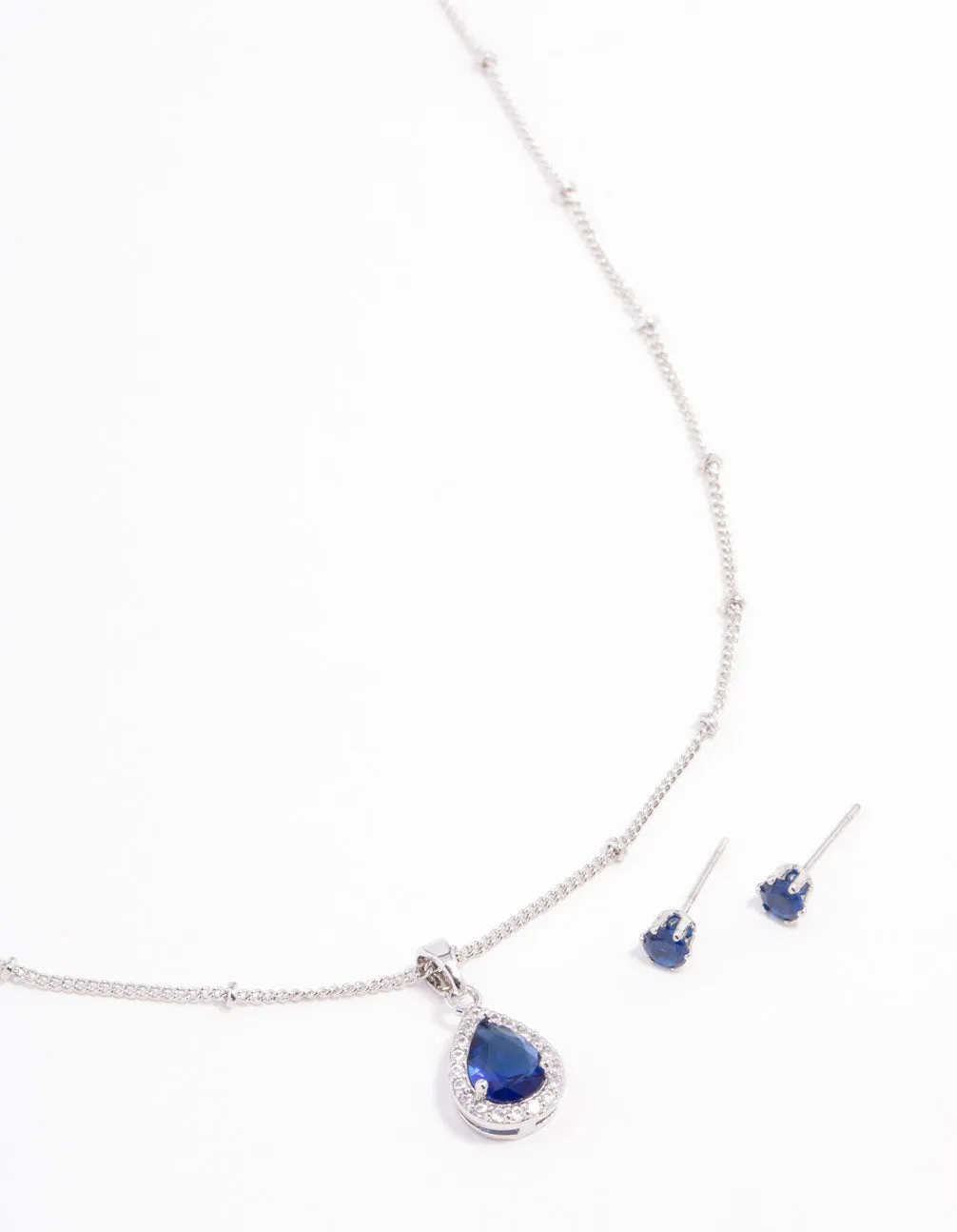 Blue Cubic Zirconia Rhodium Necklace & Stud Earrings Set