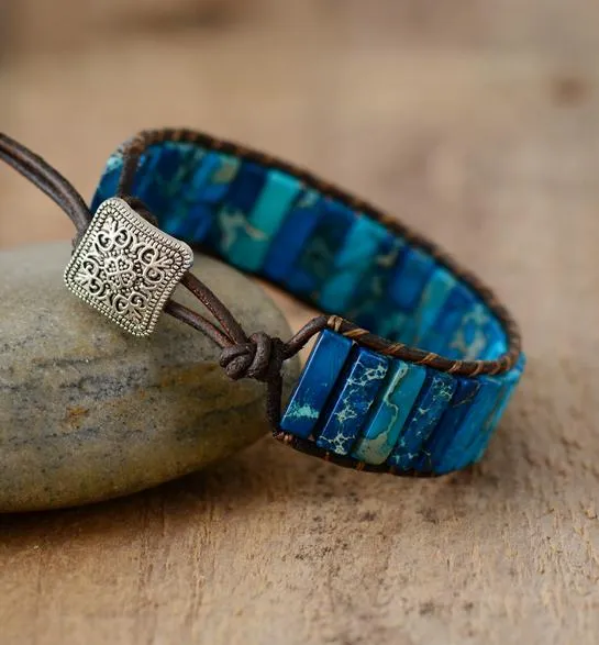 Blue Jasper Tubestone Leather Wrap Bracelet