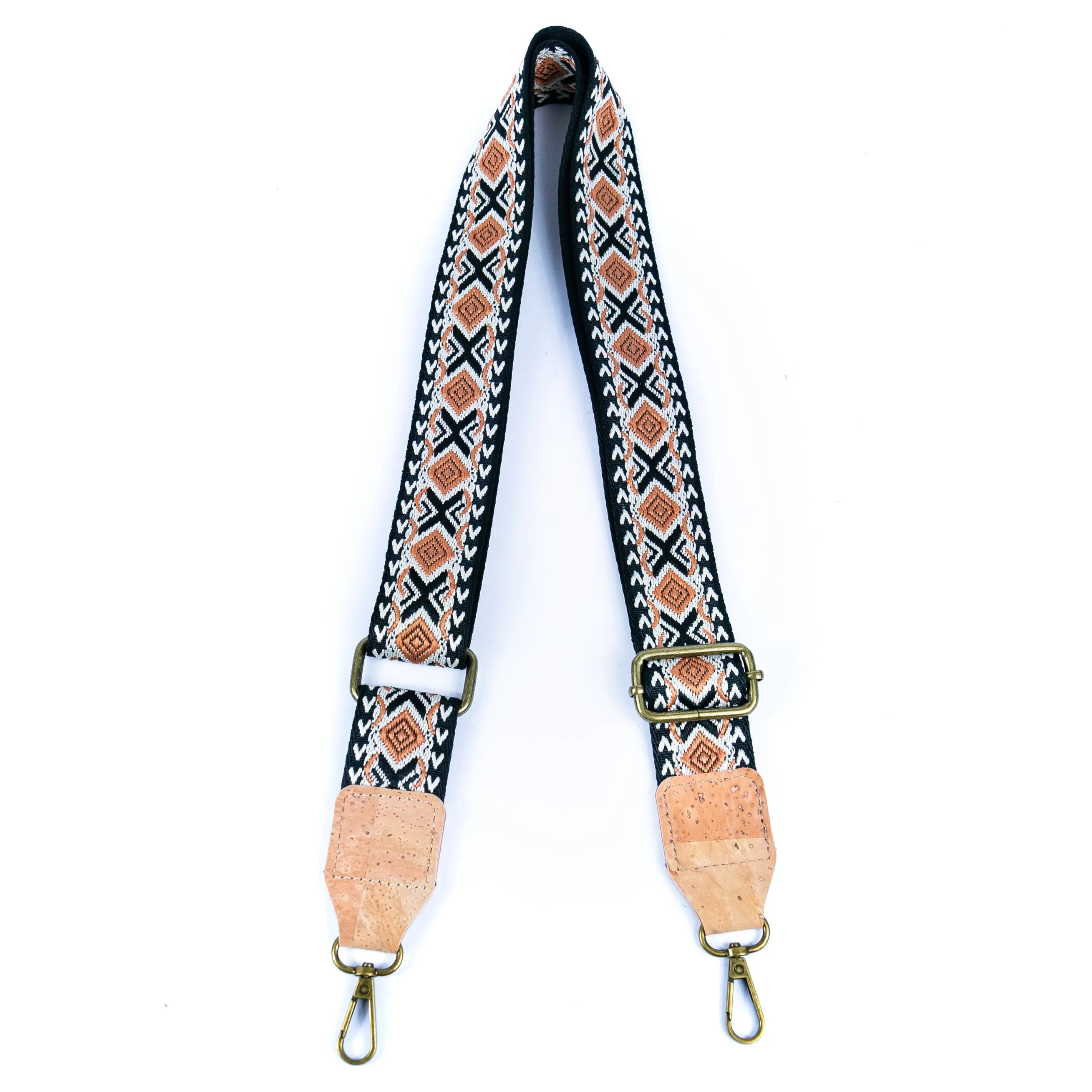 Bohemian Cork-Enhanced Striped Webbing Strap with Antique Bronze Hardware L-1067