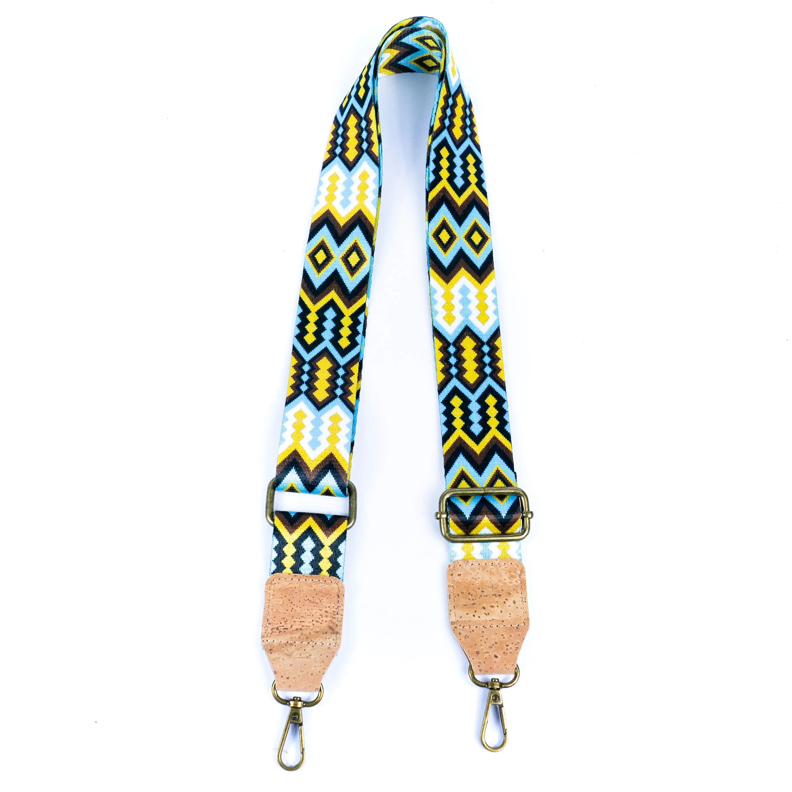 Bohemian Cork-Enhanced Striped Webbing Strap with Antique Bronze Hardware L-1067